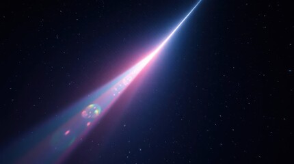 A vibrant light beam streaks across a dark, starry backdrop, exhibiting lens flare and chromatic aberration