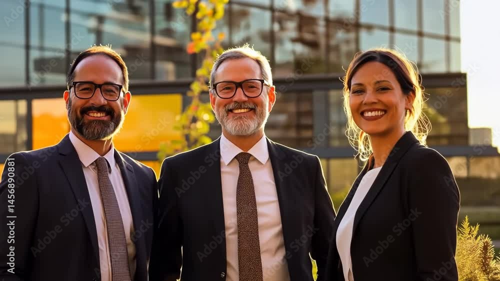 Poster three business professionals enjoying a sunny day in a modern cityscape while engaging in conversati