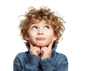A young boy with curly blonde hair gazes upwards, deep in thought with fingers near his face.