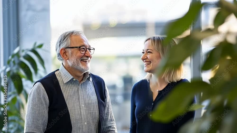 Poster senior managers discuss project progress and teamwork strategies in a bright office setting