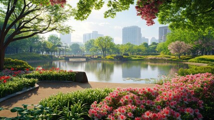 Obraz premium Peaceful park scene with pond and flowers
