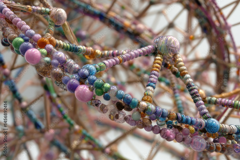 Poster colorful, abstract representation of dna structure made from various beads and wires, showcasing int