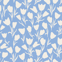 Dense ditsy Floral Seamless Vector Pattern White Tulip Shapes On Pastel Blue Backdrop, fabric print