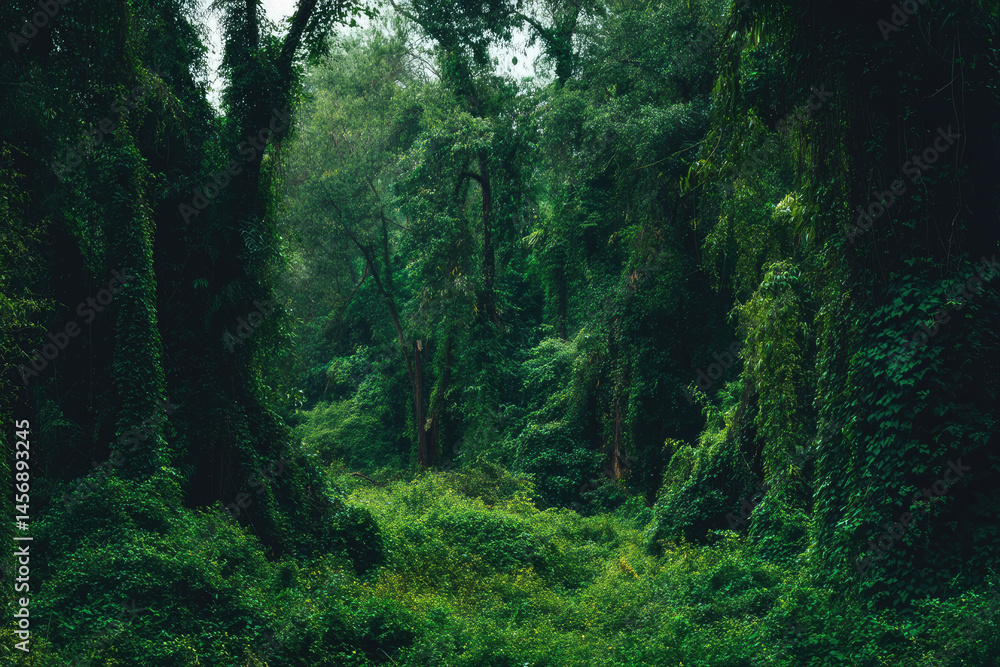 Poster lush greenery fills dense forest, creating serene and mysterious atmosphere with towering trees and 