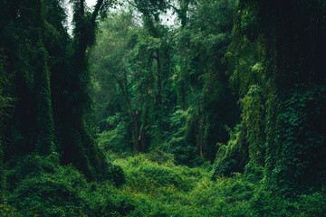 Obraz premium Lush greenery fills dense forest, creating serene and mysterious atmosphere with towering trees and thick foliage. vibrant shades of green evoke sense of tranquility and wonder