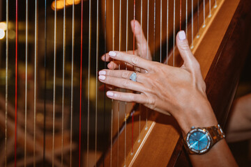 Close-Up of Hands Playing a Harp with Precision