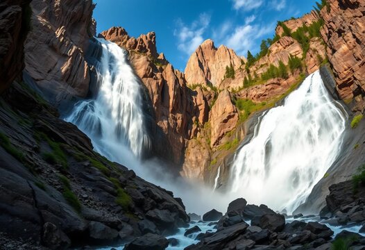 Majestic mountain waterfall cascading down rocky cliffs, granite, landscape