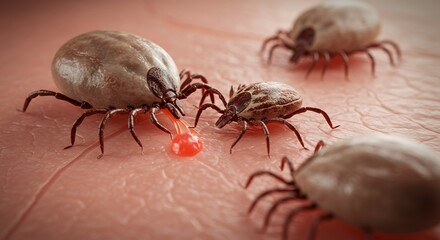 Hyperrealistic Close Up Illustration of Engorged Ticks on Pale Human Skin with Circular Red Inflammation and Meticulously Detailed Chitinous Bodies