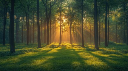 Obraz premium Sunbeams Illuminating a Mystical Forest