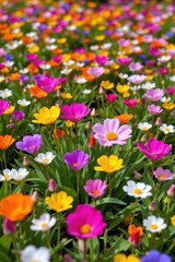 Fototapeta premium spring flowers a beautiful scene of vibrant and freshly bloomed spring flowers in a colorful meadow on a sunny day