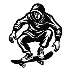 Fototapeta premium Skateboarder Vector Illustration, White Silhouette, Action Sport, Skateboarding Stunt