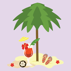 Palm tree on a sand, cocktail, sandals, flower on a background. Tropical beach composition illustration.