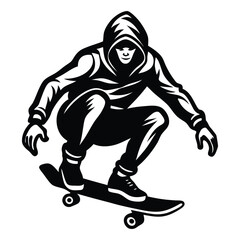 Skateboarder Vector Illustration, White Silhouette, Action Sport, Skateboarding Stunt