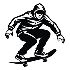 Skateboarder Vector Illustration, White Silhouette, Action Sport, Skateboarding Stunt
