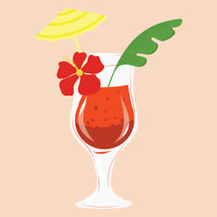 Cocktail illustration on a pastel background, Red Garnished beverage graphic print. Flowers, leaves, cocktail umbrella. Vector illustration for cards, designs, postcards, icons, etc	