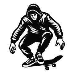 Skateboarder Vector Illustration, White Silhouette, Action Sport, Skateboarding Stunt