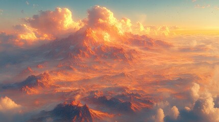Fototapeta premium Golden Hour Mountain Majesty: A Breathtaking Aerial View of Majestic Peaks Bathed in Sunset's Warm Embrace