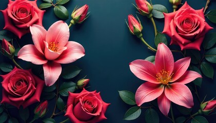 Intricate blooming roses & lilies, rich jewel tones,  colorful,  craft,  lilies