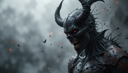 A dark, intimidating demon figure against a stormy backdrop.