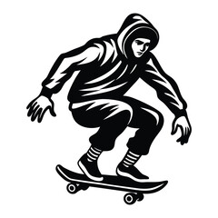 Skateboarder Vector Illustration, White Silhouette, Action Sport, Skateboarding Stunt