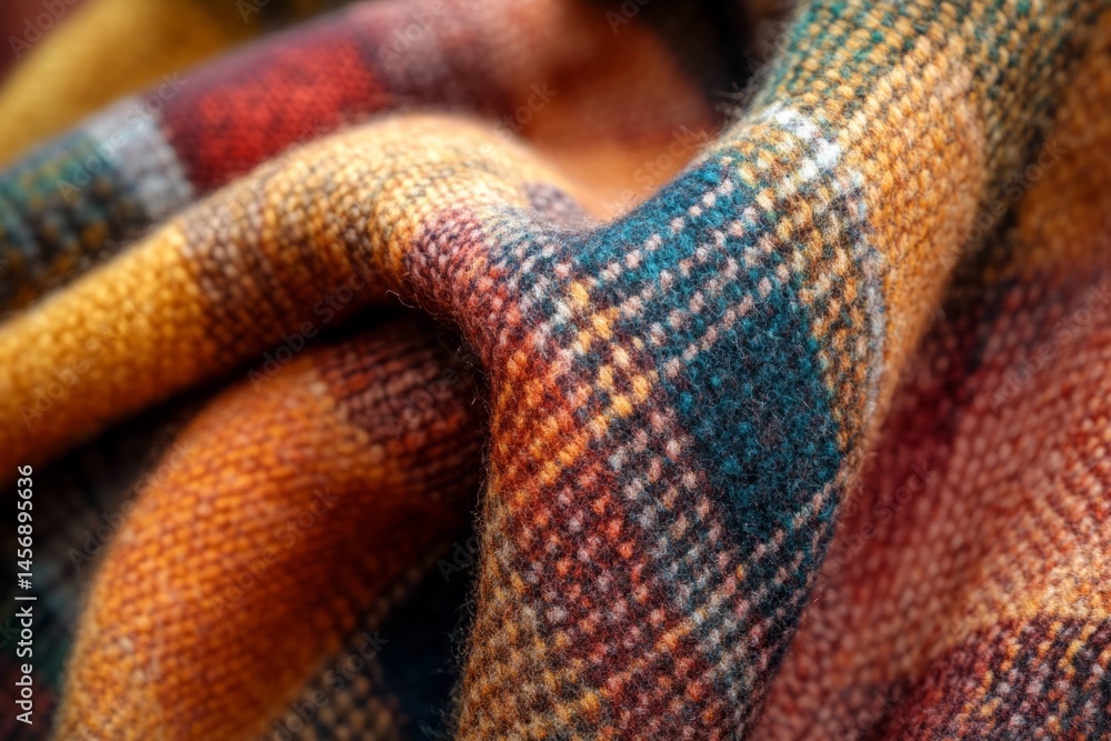 Poster checkered wool fabric in warm autumnal colors forms soft folds, creating a cozy and textured backgro