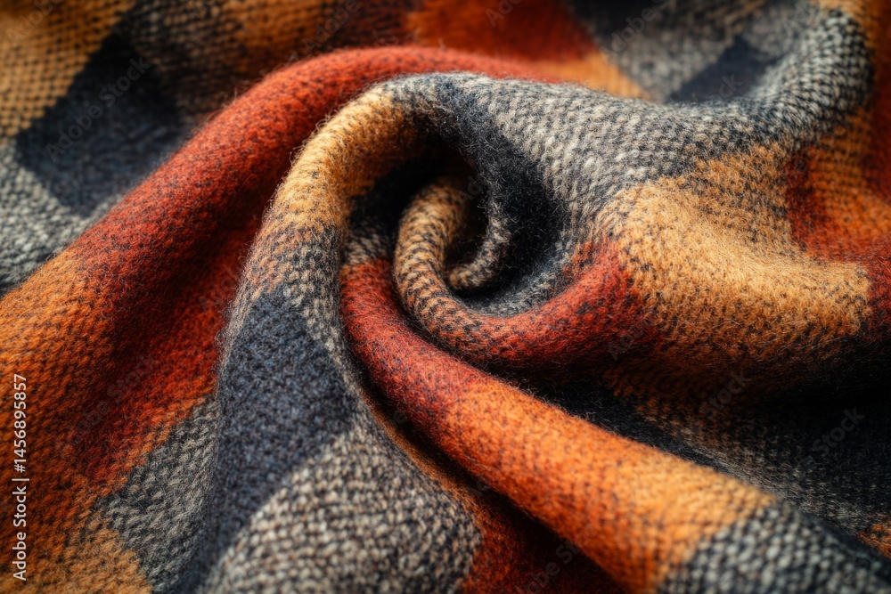 Poster soft wool fabric with a checkered pattern in warm autumn colors swirls gently, creating a cozy and i