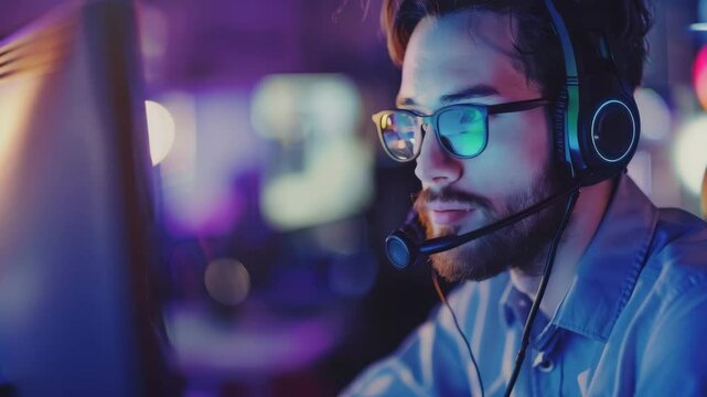 Focused man with headset and glasses working in call center using computer technology for communication in dimly lit environment with colorful lights