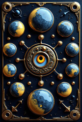 Ornate occult emblem featuring an all-seeing eye surrounded by lunar phases and intricate baroque filigree