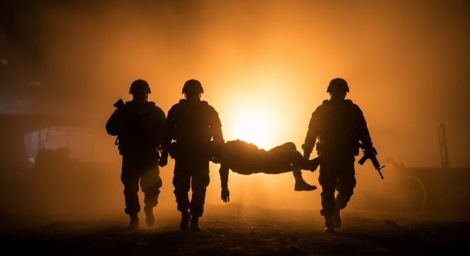 Silhouetted Soldiers Rescuing Wounded Comrade Across Battlefield Under Orange Smoky Sky During Wartime Evacuation Conveying Bravery Sacrifice and Teamwork