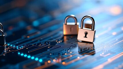 Digital security with padlocks on a tech circuit board design - Powered by Adobe