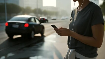 Fitness app user on morning walk with glowing screen