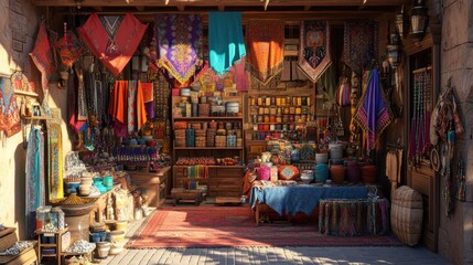 Colorful artisan shop filled with fabrics, spices, and crafts.  Intricate designs adorn the textiles and containers. Warm sunlight streams into the shop, highlighting the vibrant display