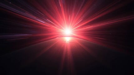 Red cosmic sunrise over a dark planet, intense light rays radiating outwards