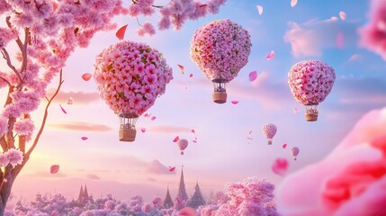 Obraz premium A dreamy horizon filled with hot air balloons covered in blooms, floating gracefully under soft pink and blue pastel skies