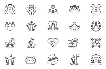 Community outline web icons set. Community, social, friendship, people, village, relationships, diversity, support and development. Vector illustration