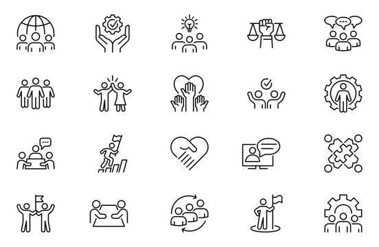 Community outline web icons set. Community, social, friendship, people, village, relationships, diversity, support and development. Vector illustration