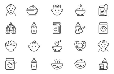 Baby food editable stroke outline icons set.  Baby Carriage, Baby Food, Baby Bottle, Rubber Duck, Baby Clothing, Crib, Diaper. isolated on white background flat vector illustration.