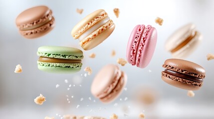 A delightful image featuring floating macarons surrounded by sugar crystals, capturing the elegance and artistic beauty of these exquisite sweets that charm all who see them.