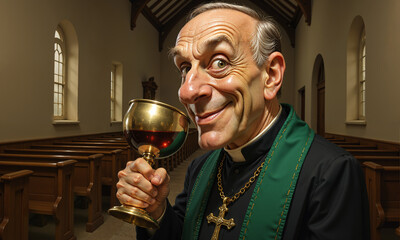 An unsettling priest grins while holding a golden chalice inside an empty traditional church