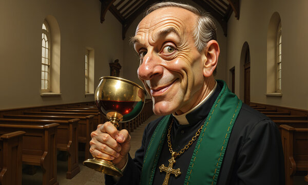 An unsettling priest grins while holding a golden chalice inside an empty traditional church