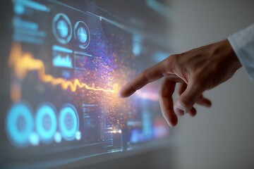Fototapeta premium Close-up of hand interacting with holographic data panel