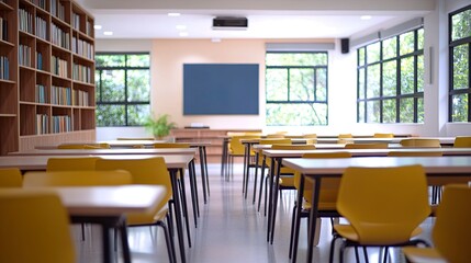 Empty Bright Classroom With Desk And Chairs. Education Concept.