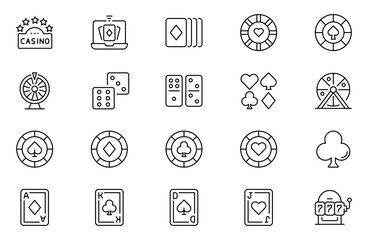 Casino outline icon set. poker, card games. Playing cards, chips, lottery, roulette, slot machine. Outline icon collection. Collection of simple line web icons. Editable stroke. Vector collection.