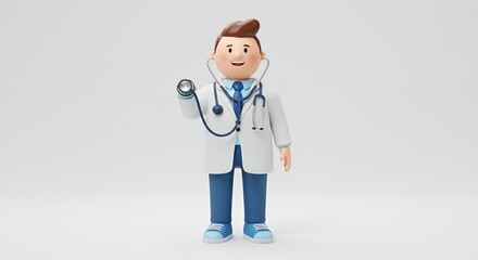 Pixelated 3D Cartoon Doctor with Stethoscope in White Lab Coat on Light Gray Background