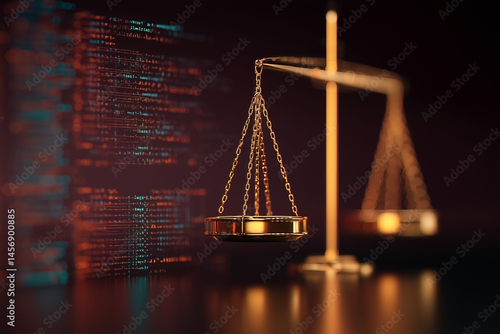 Poster concept of ethical ai creation with balance scale and code