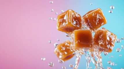 A visually striking image of ice cubes launching into a vivid beverage, capturing the essence of refreshment amid a contrasting blue and pink backdrop, creating visual harmony.