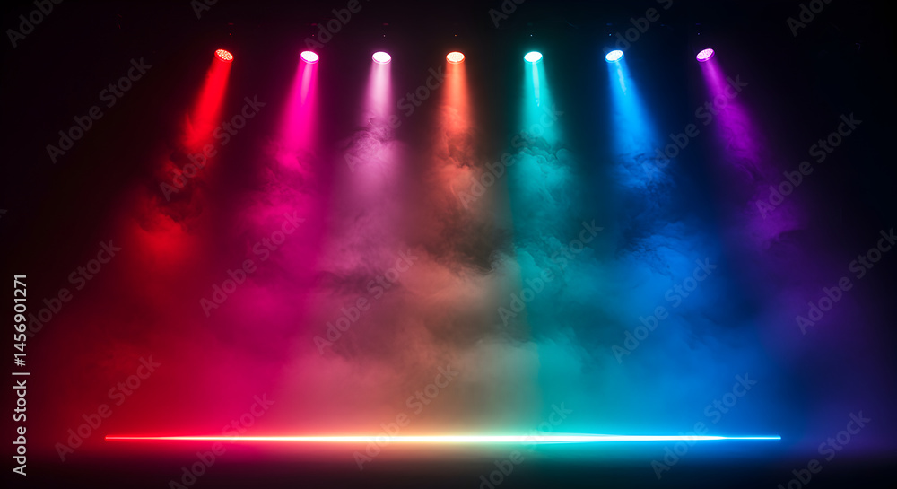Poster vivid rainbow stage lighting with colorful spotlights casting through smoky haze on a dark backgroun