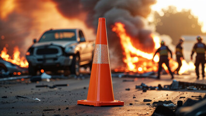 An orange traffic cone stands out at a fiery car accident with emergency personnel on the scene.