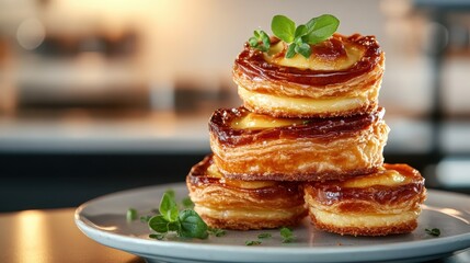 A beautifully arranged stack of pastry desserts filled with creamy custard, topped with fresh herbs, perfect for enticing food lovers and dessert enthusiasts alike.