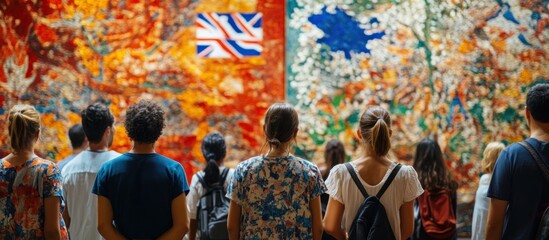 Fototapeta premium Museum Visitors Admire Colorful Mural